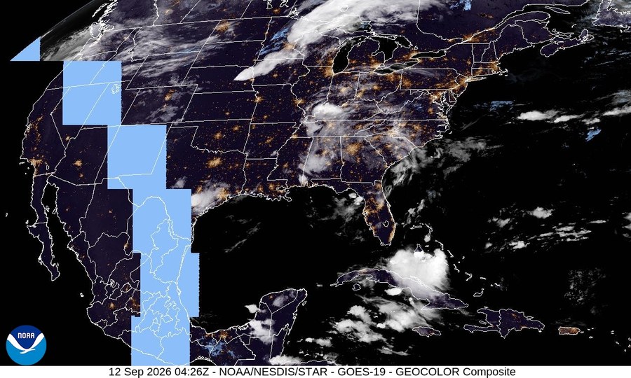 NOAA GOES-19 GeoColor satellite image of the continental United States